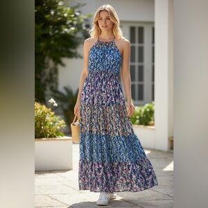 Maison Tara Floral Tiered Boho Maxi Dress Size 16 Navy Halter Lined Cottagecore